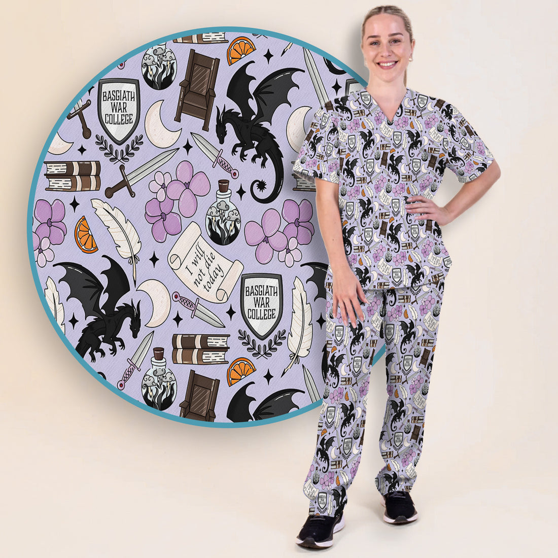 Spooky Gothic Fantasy Dragon Pattern Scrub Set, Scrub Pants and V Neck Top