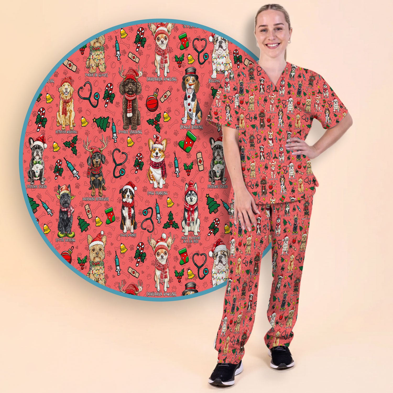 Cute Christmas Dog Scrubs Sets for Nurses - Corgi, Dachshund, Husky, Poodle & Labrador - Funny Holiday Medical Uniform for RN CNA LPN