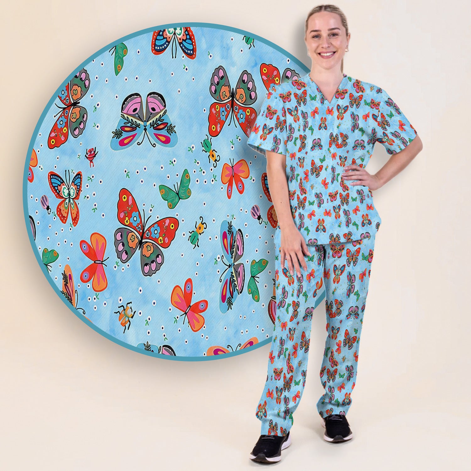 Colorful Butterfly Garden Pattern Scrub Set, Scrub Pants and V Neck Top