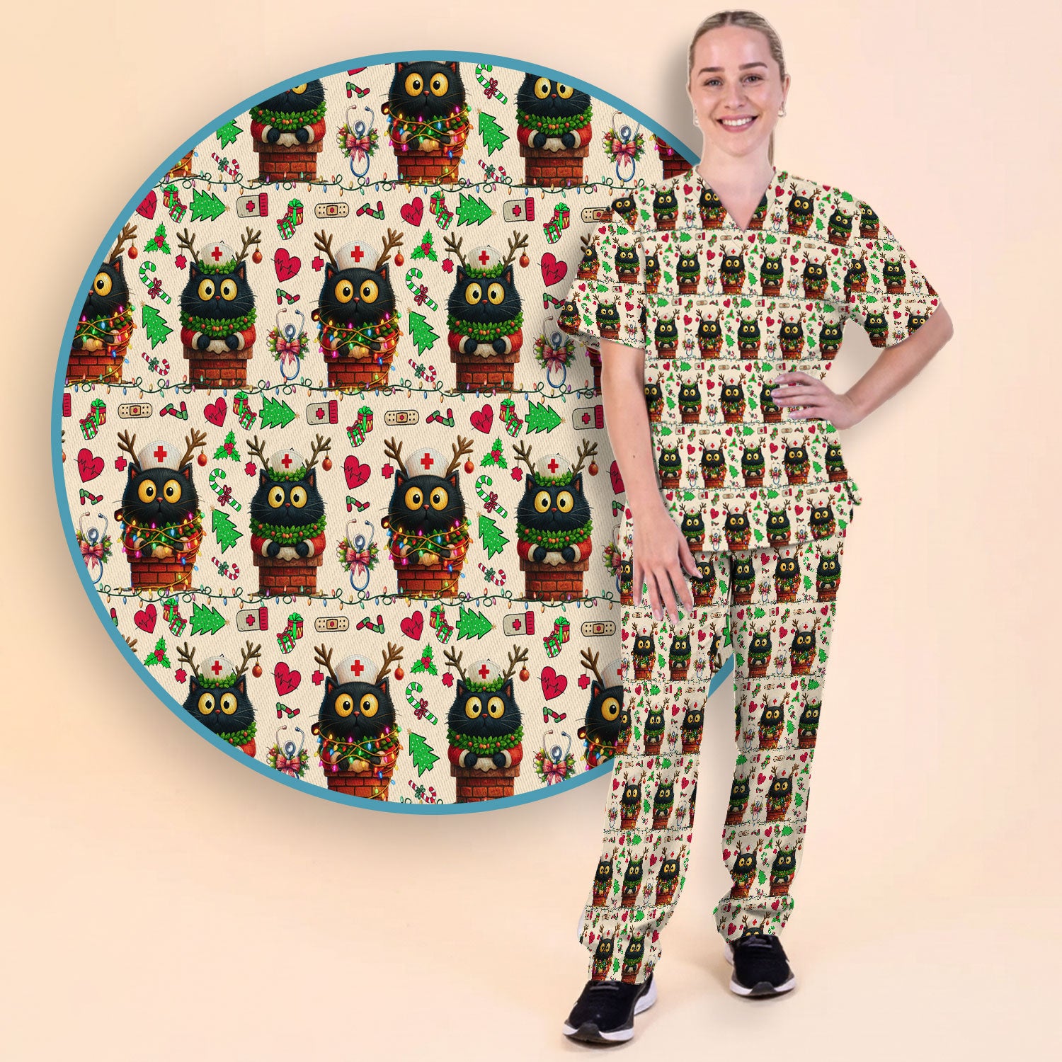 Funny Black Cat Scrub Set for Nurse - Cute Reindeer Cat with Christmas Lights - Festive Holiday Medical Uniform - Kitten Lover Gift