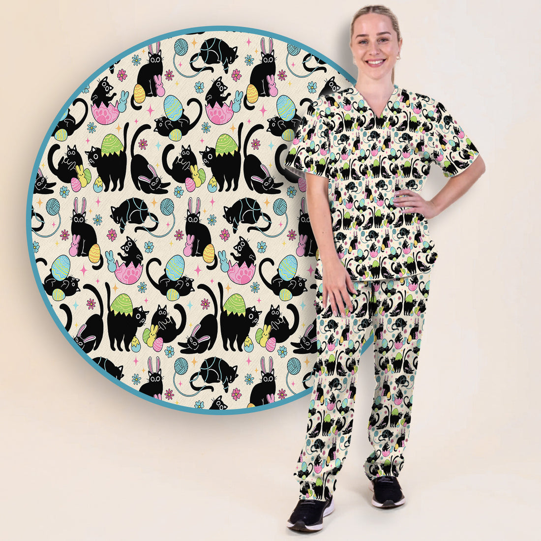 Funny Easter Black Cat Egg Pattern Scrub Set, Scrub Pants and V Neck Top