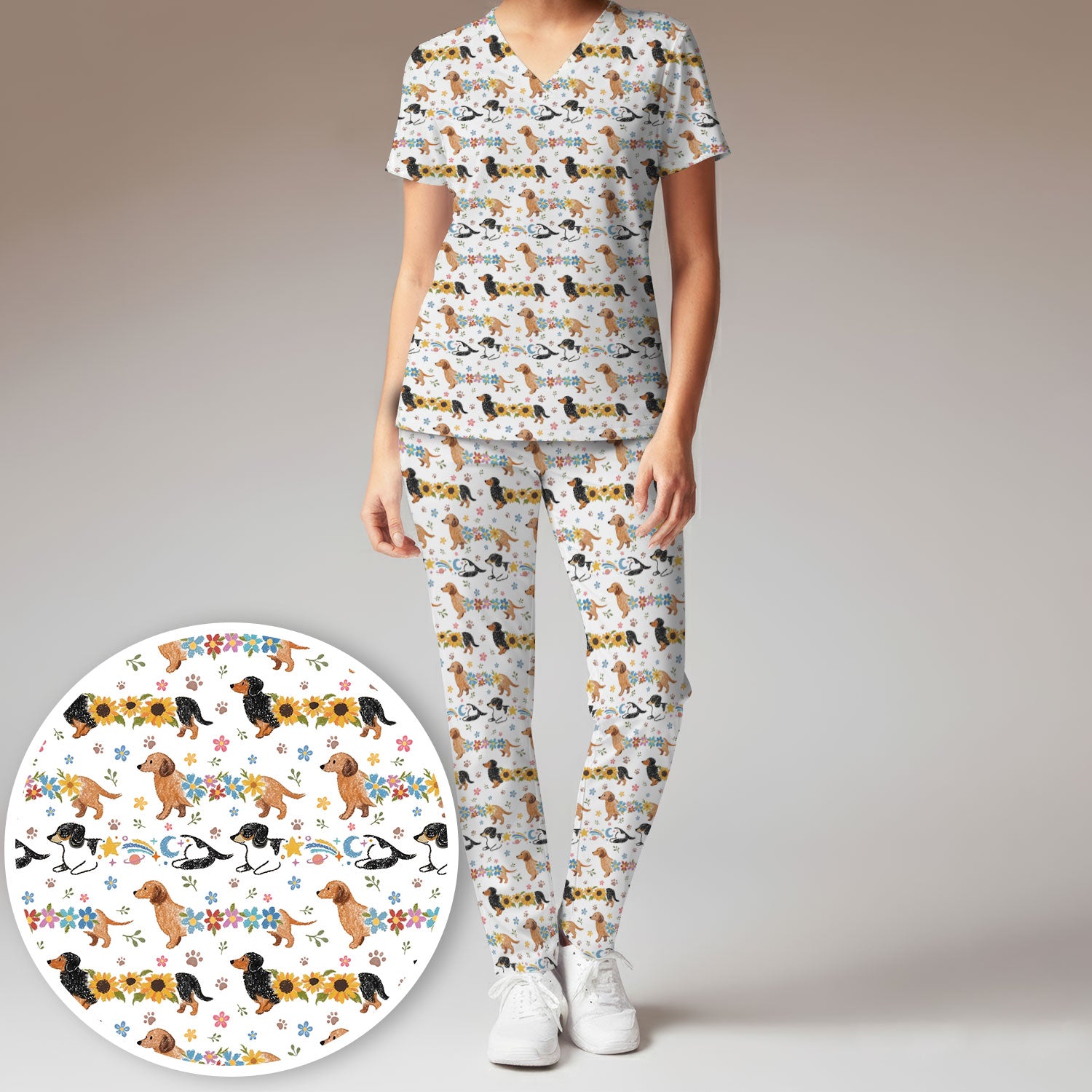 Floral Wiener Dog Pattern Scrub Set, Scrub Pants and V Neck Top