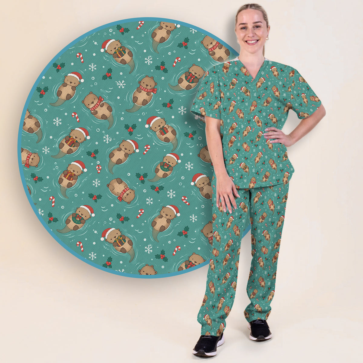 Christmas Sea Otters And Gifts Scrub Set, Scrub Pants and V Neck Top