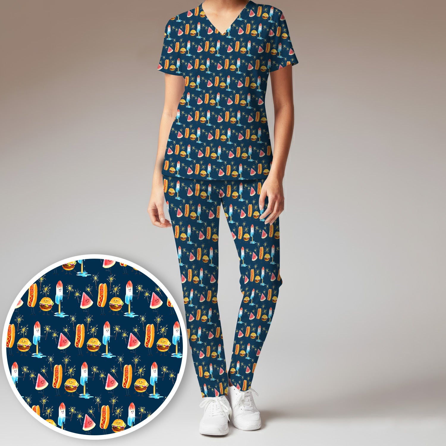 Funny Summer Food Icons Pattern Scrub Set, Breathable Fabrics Nursing Uniform