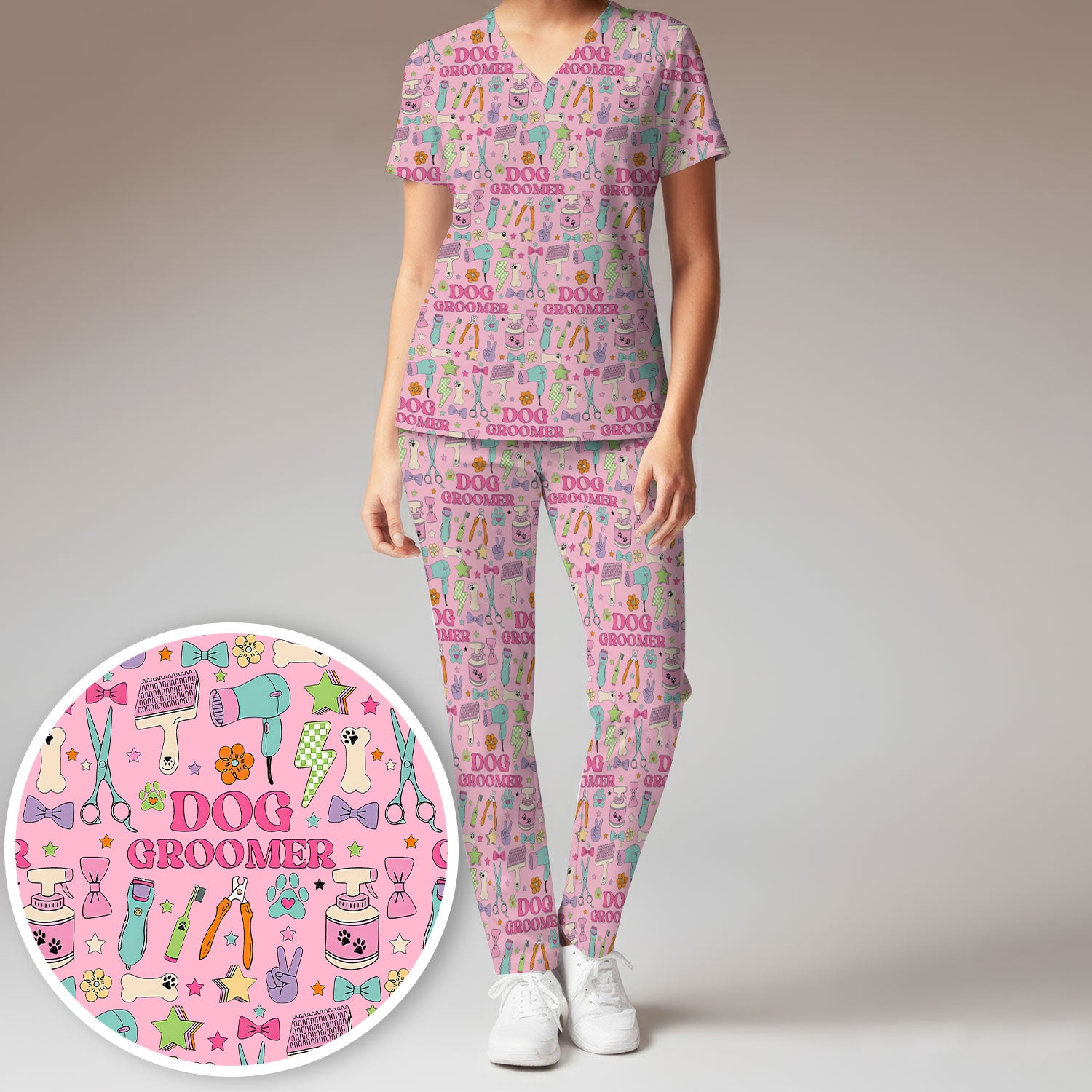 Dog Groomer Tools Pattern Women's Scrub Set, Scrub Pants and V Neck Top