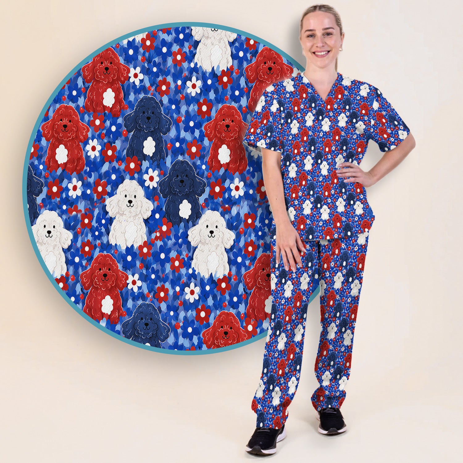 Cute Poodle Floral Garden Print Scrub Set, Scrub Pants and V Neck Top