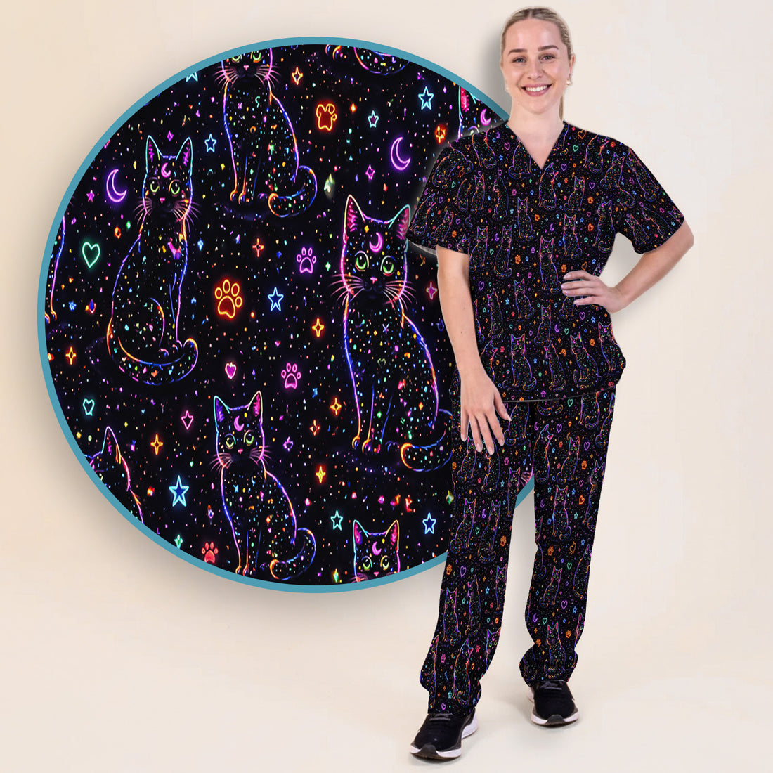 Mystical Cosmic Moon Cat Pattern Scrub Set, Scrub Pants and V Neck Top