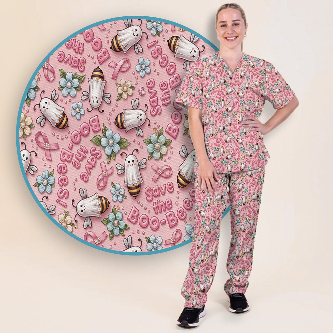 Save The Boo-Bees with Ribbon Scrub Set, Scrub Pants and V Neck Top