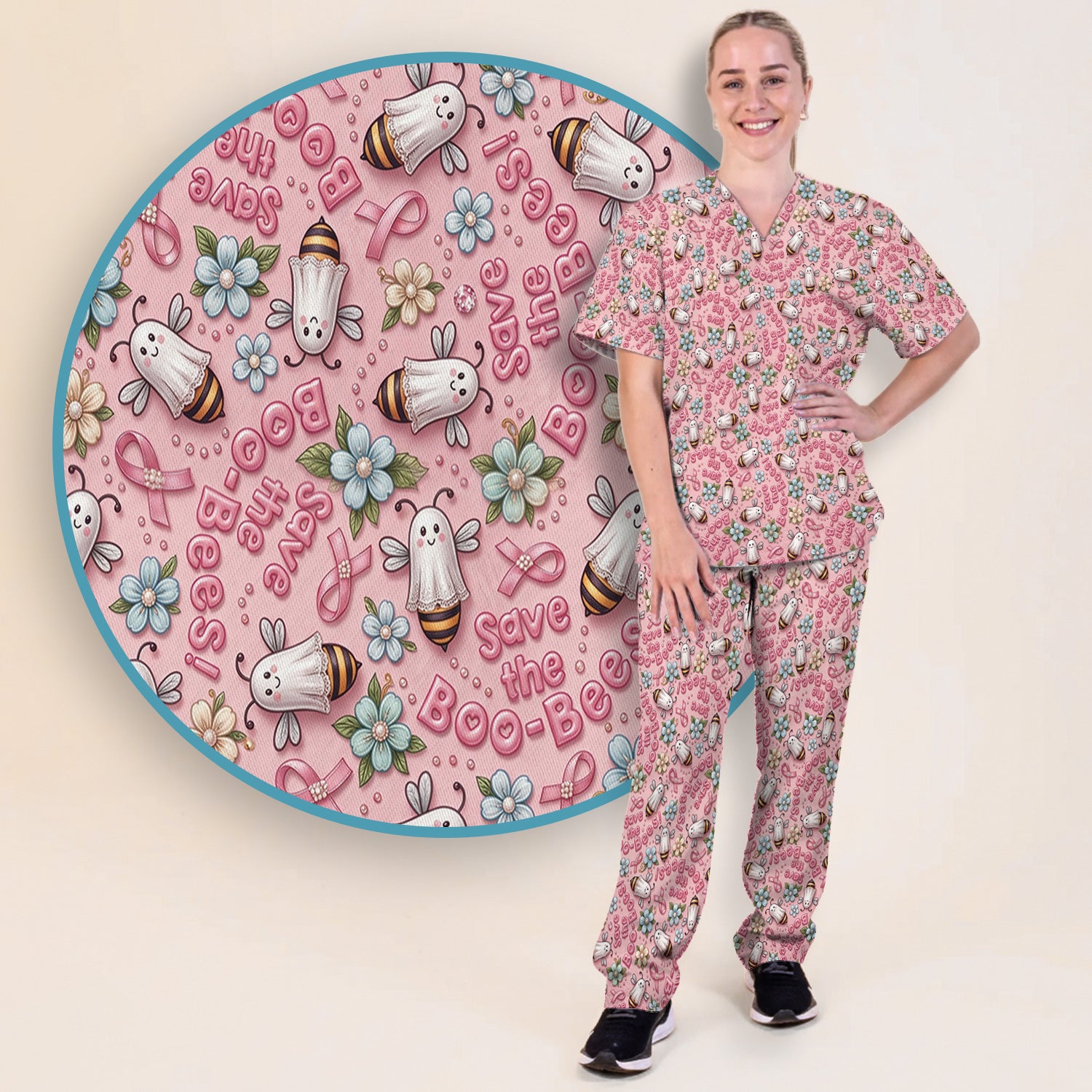 Save The Boo-Bees with Ribbon Scrub Set, Scrub Pants and V Neck Top
