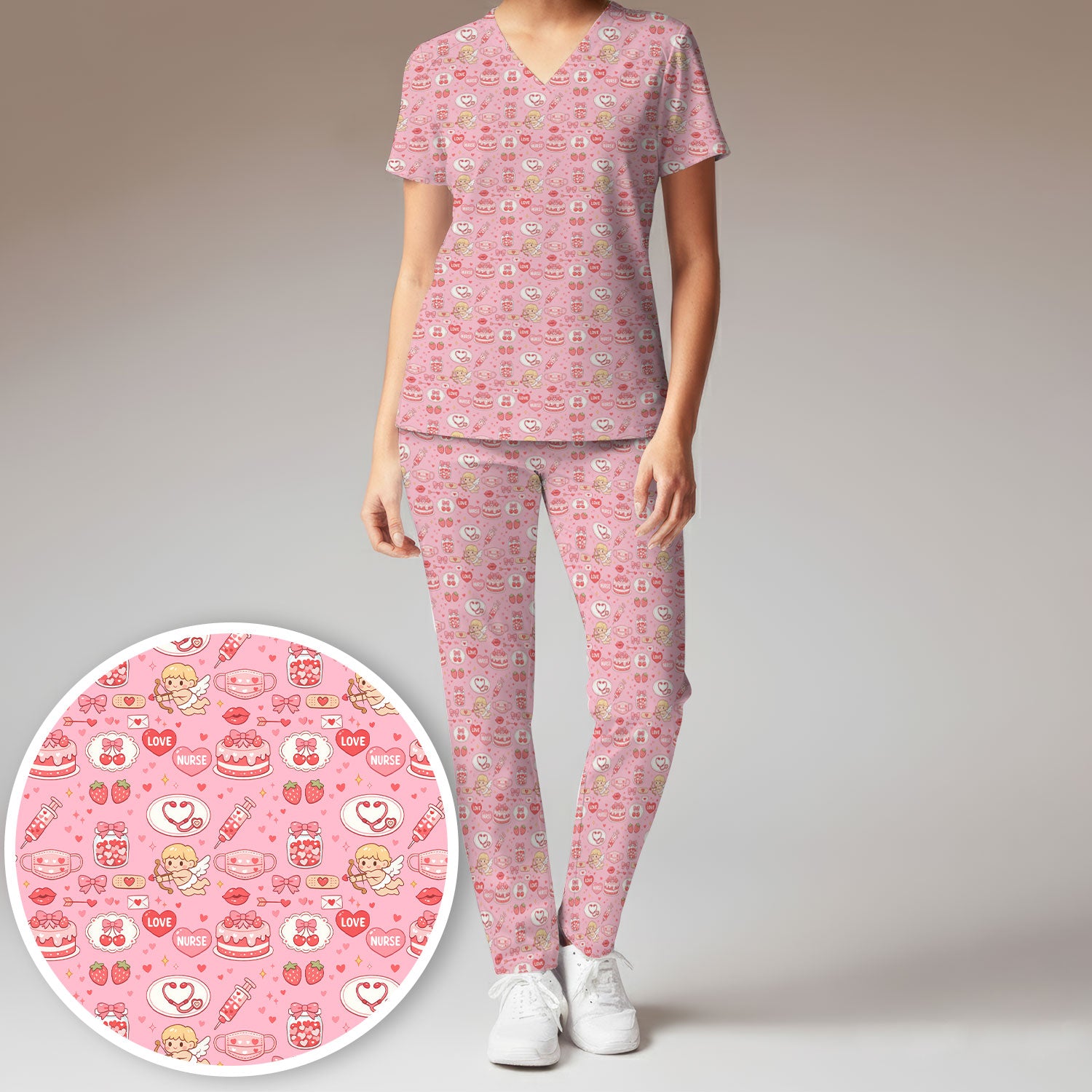 Cupid Nurse Scrub Set, Cute Love Medical Pattern Shirt For Valentine, Breathable Fabrics Nursing Uniform