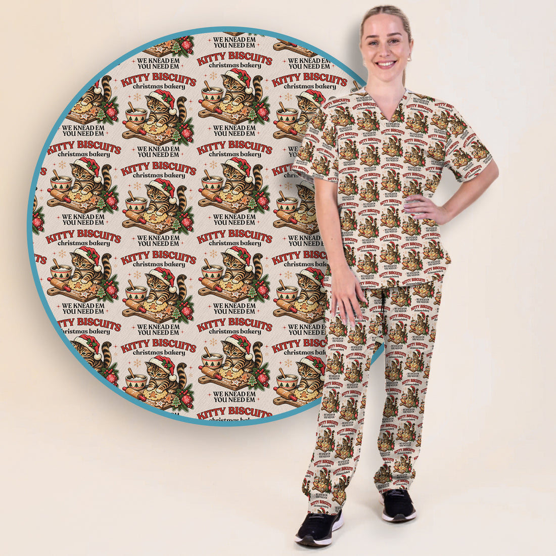 Christmas Santa And Gingerbread Pattern Scrub Set, Scrub Pants and V Neck Top