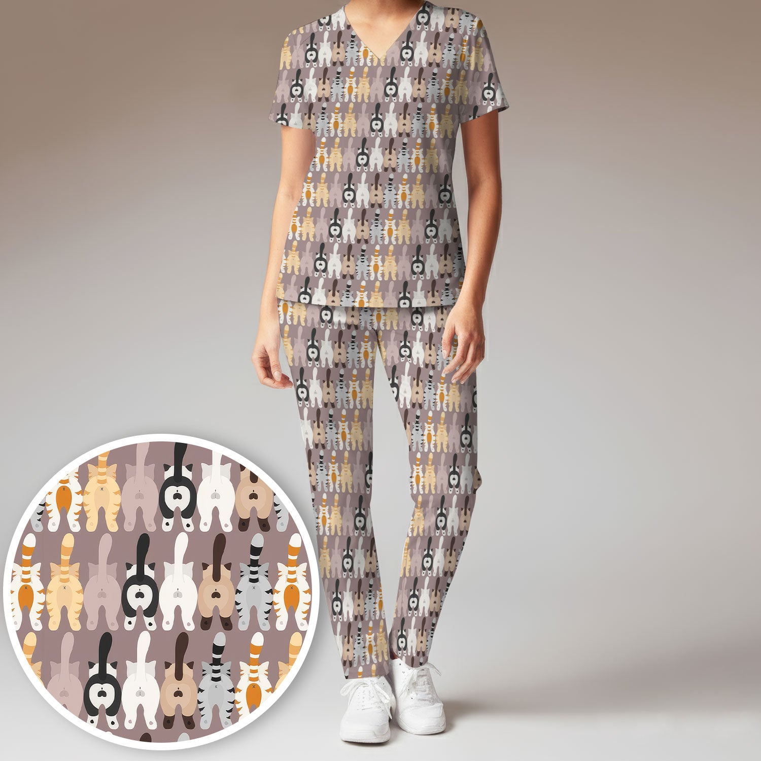 Cute Cat Butt Pattern Scrub Set, Funny Cat Nursing Shirt, Comfortable Scrubs For Nurses