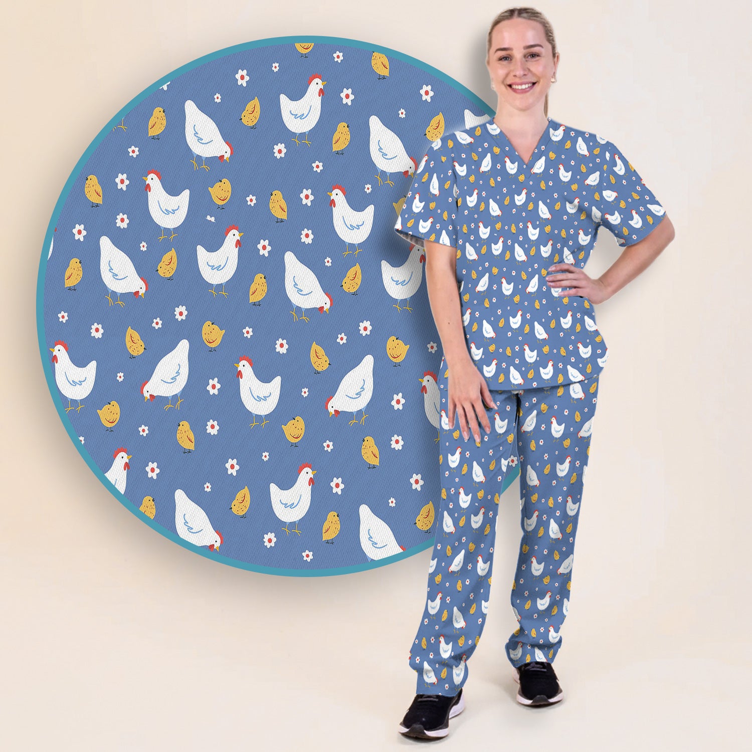 Chicken And Cute Chicks Pattern Scrubs Sets, Scrub Pants and V Neck Top