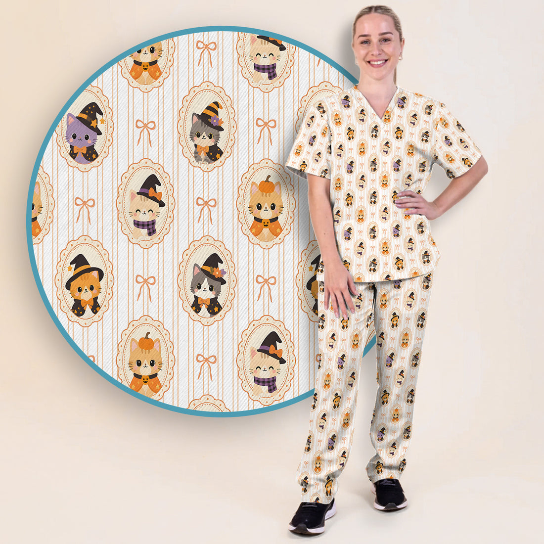 Cute Halloween Cat Stripe Pattern Scrub Set, Scrub Pants and V Neck Top