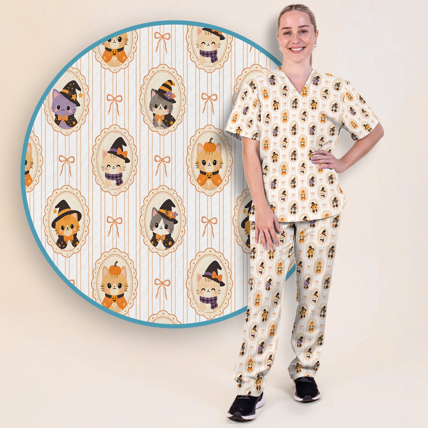 Cute Halloween Cat Stripe Pattern Scrub Set, Scrub Pants and V Neck Top