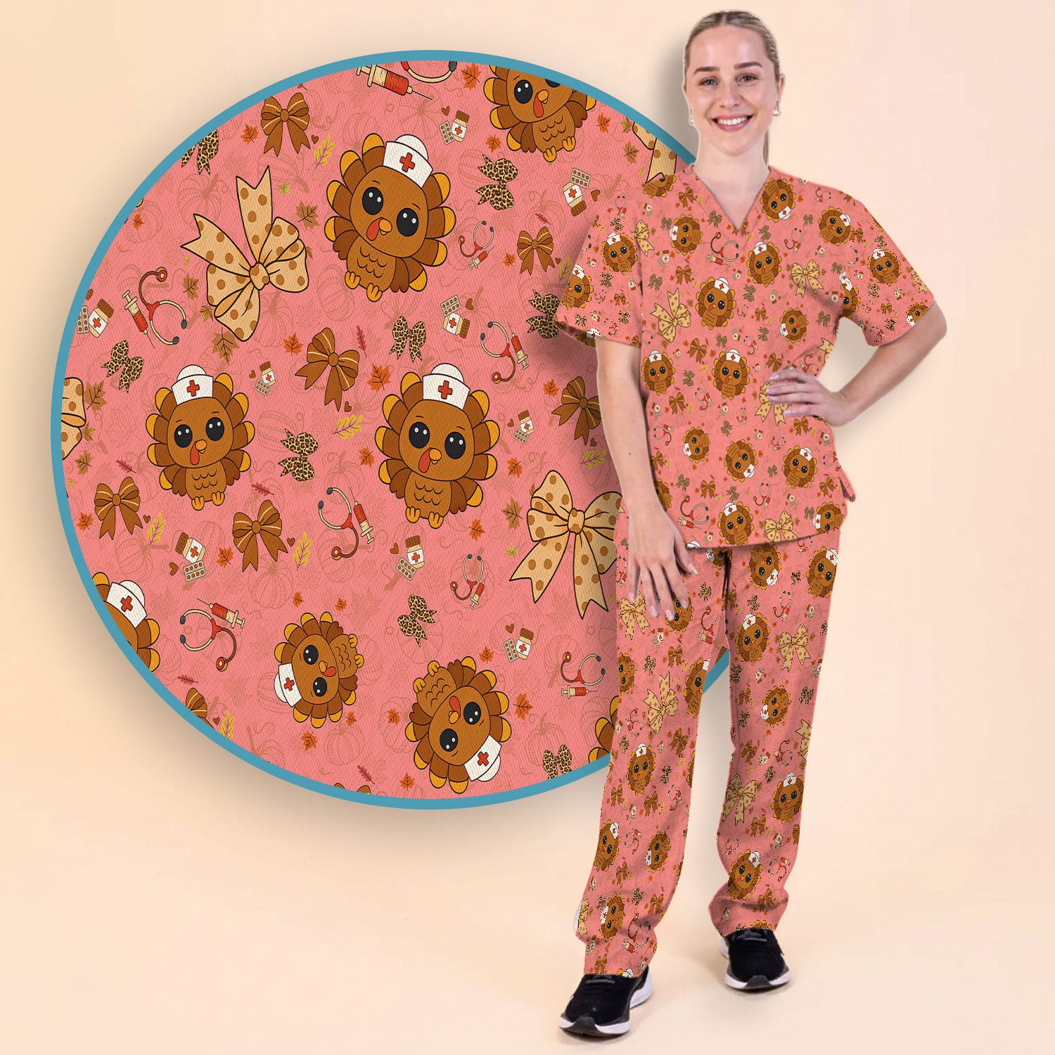 Thanksgiving Turkey Nurse Scrub Set for Women - Cute Fall Leaves and Bow Scrub Pants and V Neck Top - Autumn Medical Uniform