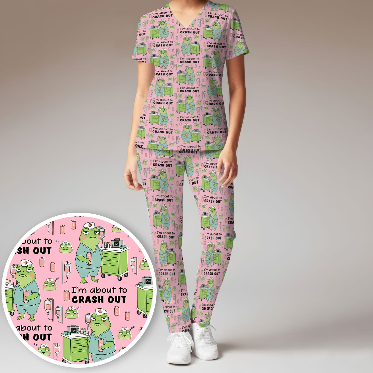 Funny Frog Pattern Nurse Scrub Set, I’m About to Crash Out Nurse Shirt, Breathable Fabrics Nursing Uniform
