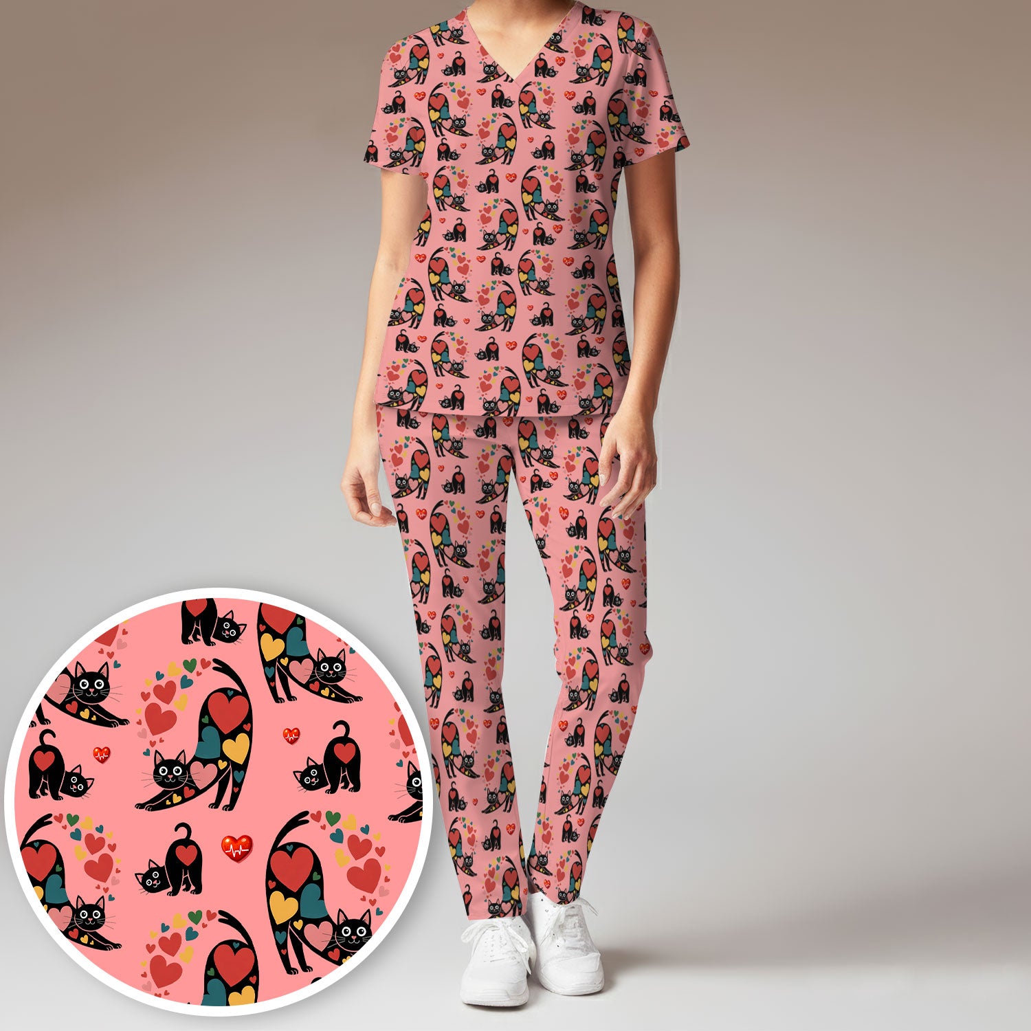 Playful Cat Valentine Heart Print Medical Scrub Set, Breathable Med Uniform