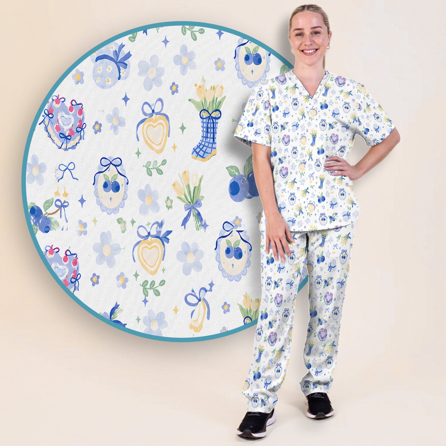 Cute Blueberry Bow Print Scrub Set, Scrub Pants and V Neck Top