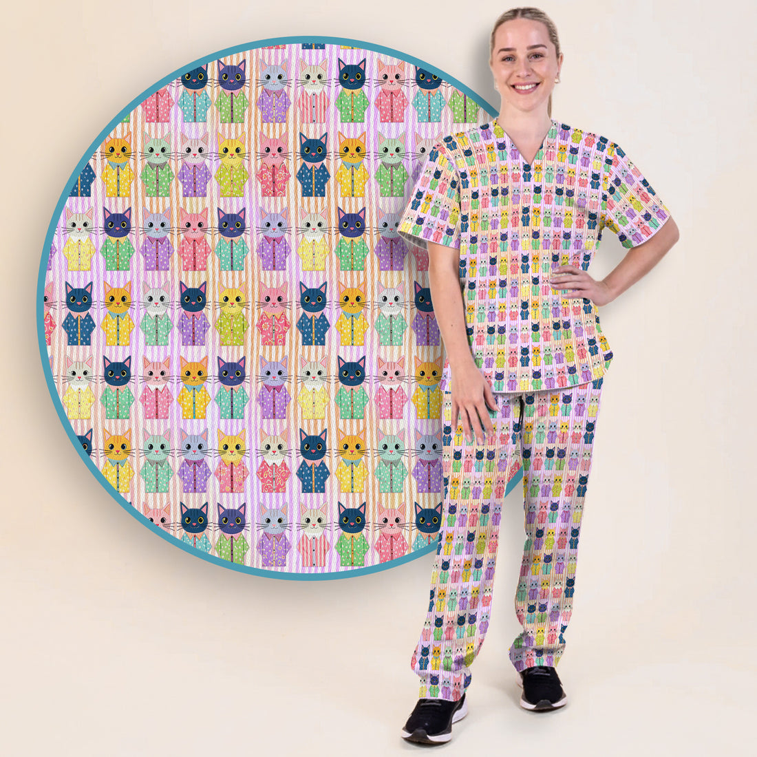Cute Cat Pajama Pattern Print Scrub Set, Scrub Pants and V Neck Top