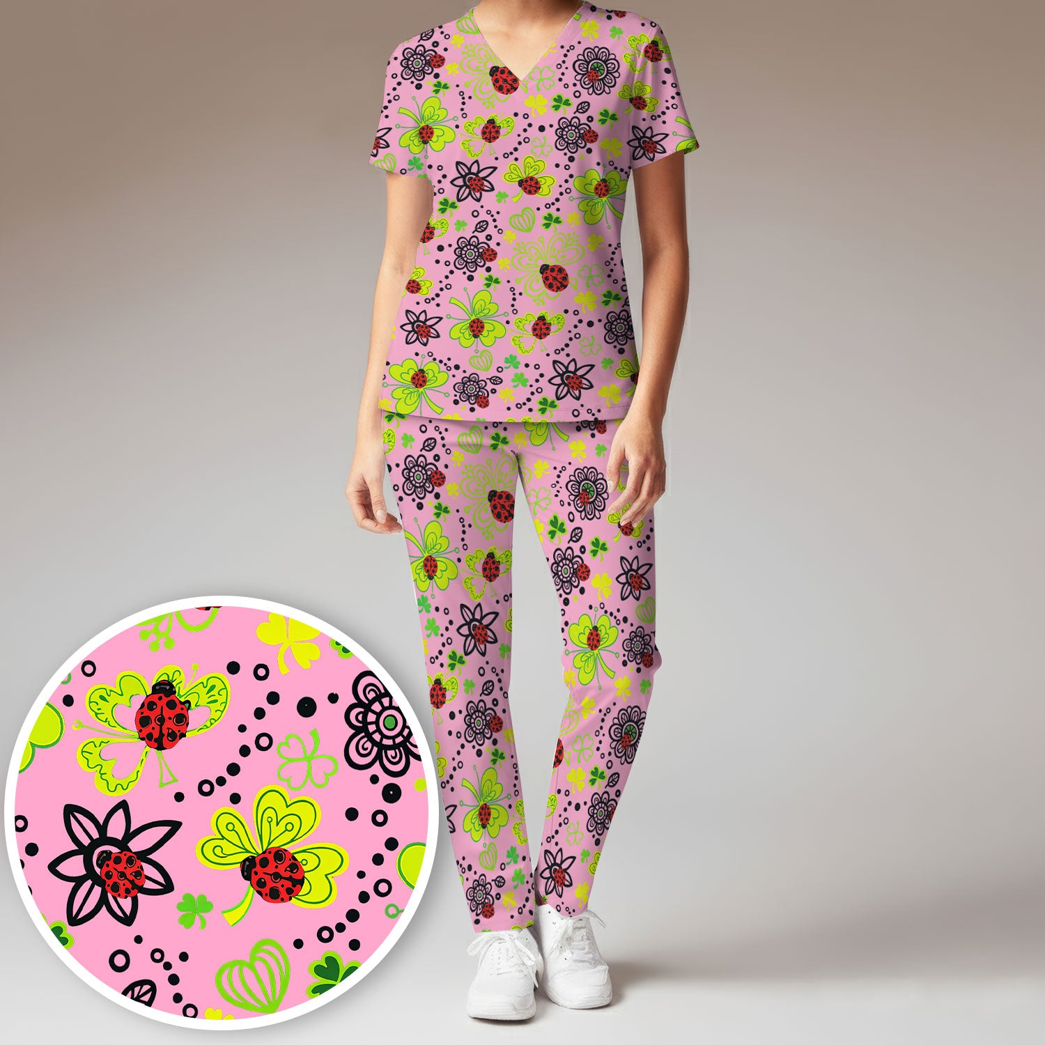 Ladybug Clover Floral Pattern Print Scrub Sets, Scrub Pants and V Neck Top