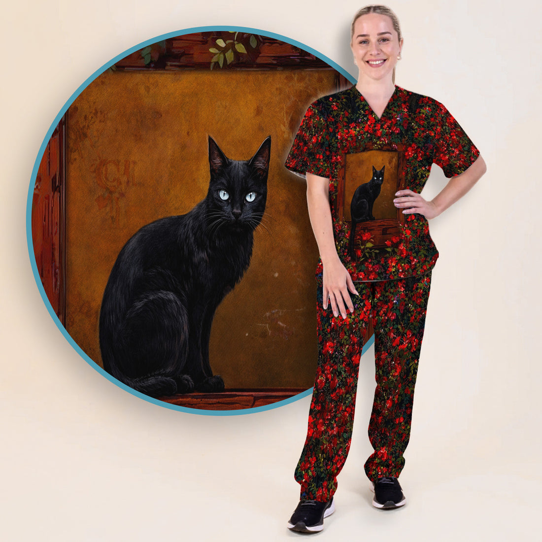 Black Cat Sitting By Red Floral Garden Window Scrub Set, Scrub Pants and V Neck Top