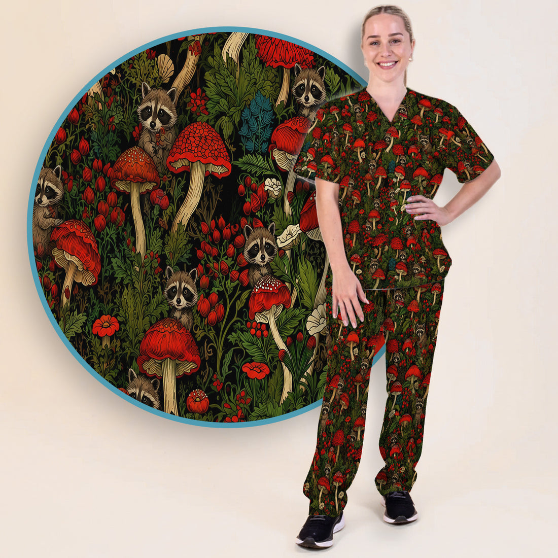 Woodland Raccoon Red Mushroom Pattern Scrub Set, Scrub Pants and V Neck Top
