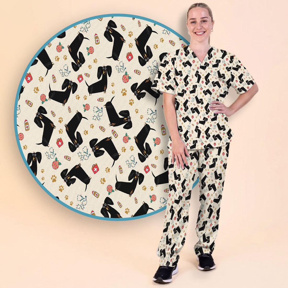 Funny Black Dachshund Scrub Set for Nurses - Cute Wiener Dog Scrubs Pants and V Neck Top - Puppy Lover Nursing Gift for Women