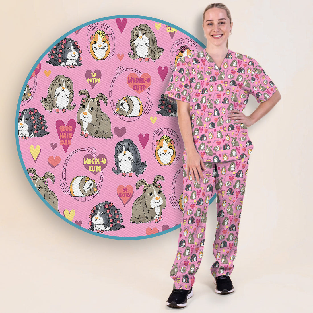 Cute Guinea Pig Heart Pattern Scrub Set, Scrub Pants and V Neck Top