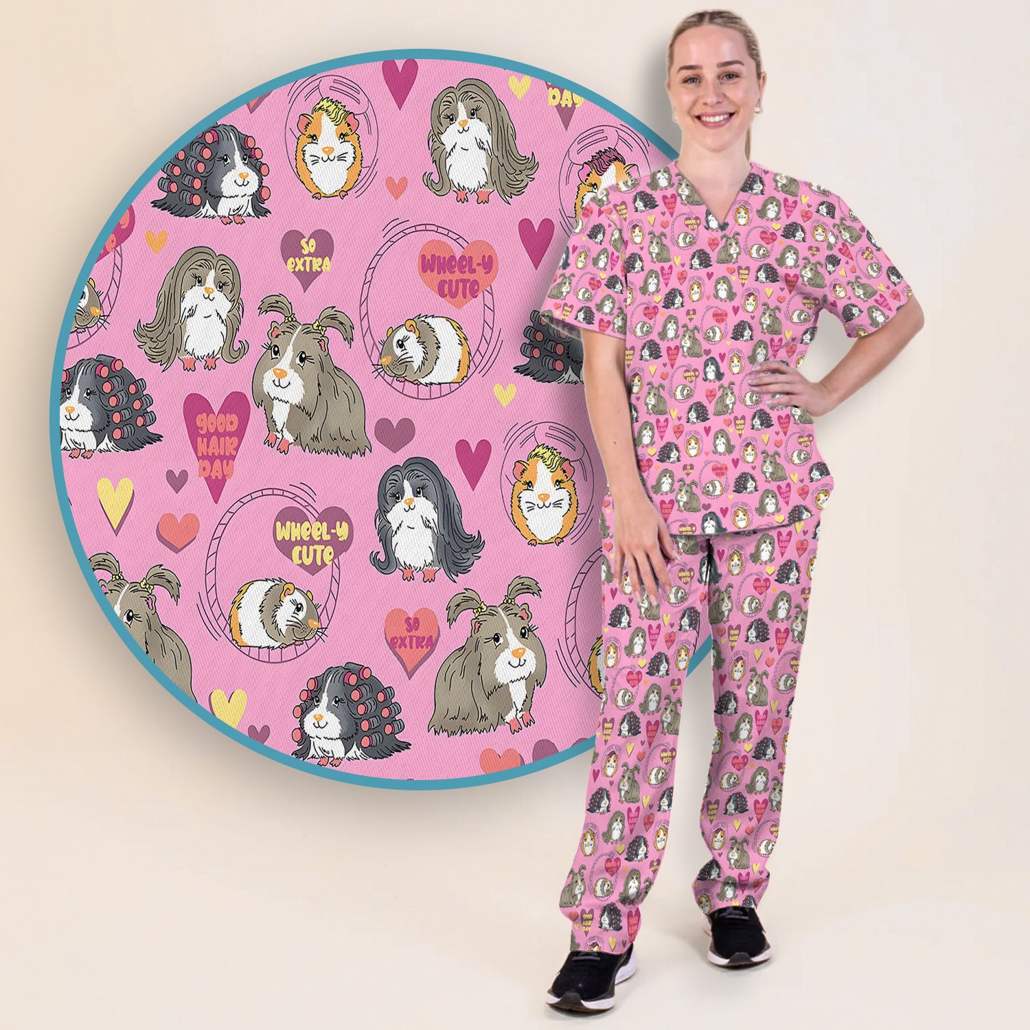 Cute Guinea Pig Heart Pattern Scrub Set, Scrub Pants and V Neck Top