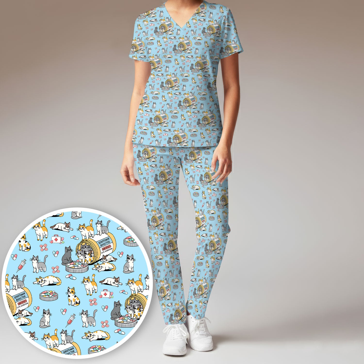 Cute Cat Serotonin Booster Pattern Women's Scrub Set, Breathable Med Uniform
