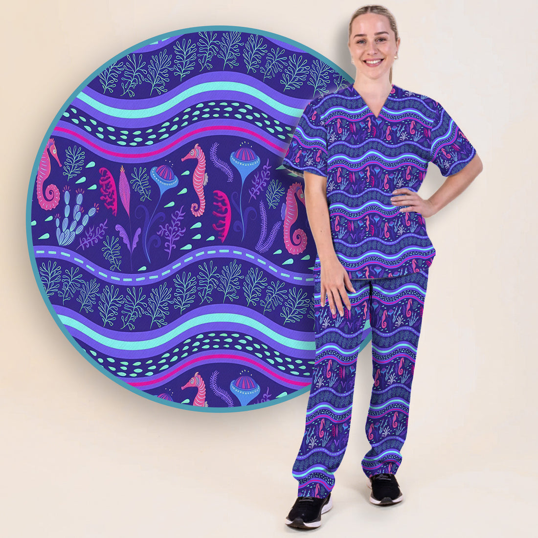 Purple Seahorse Ocean Pattern Scrub Set, Scrub Pants and V Neck Top