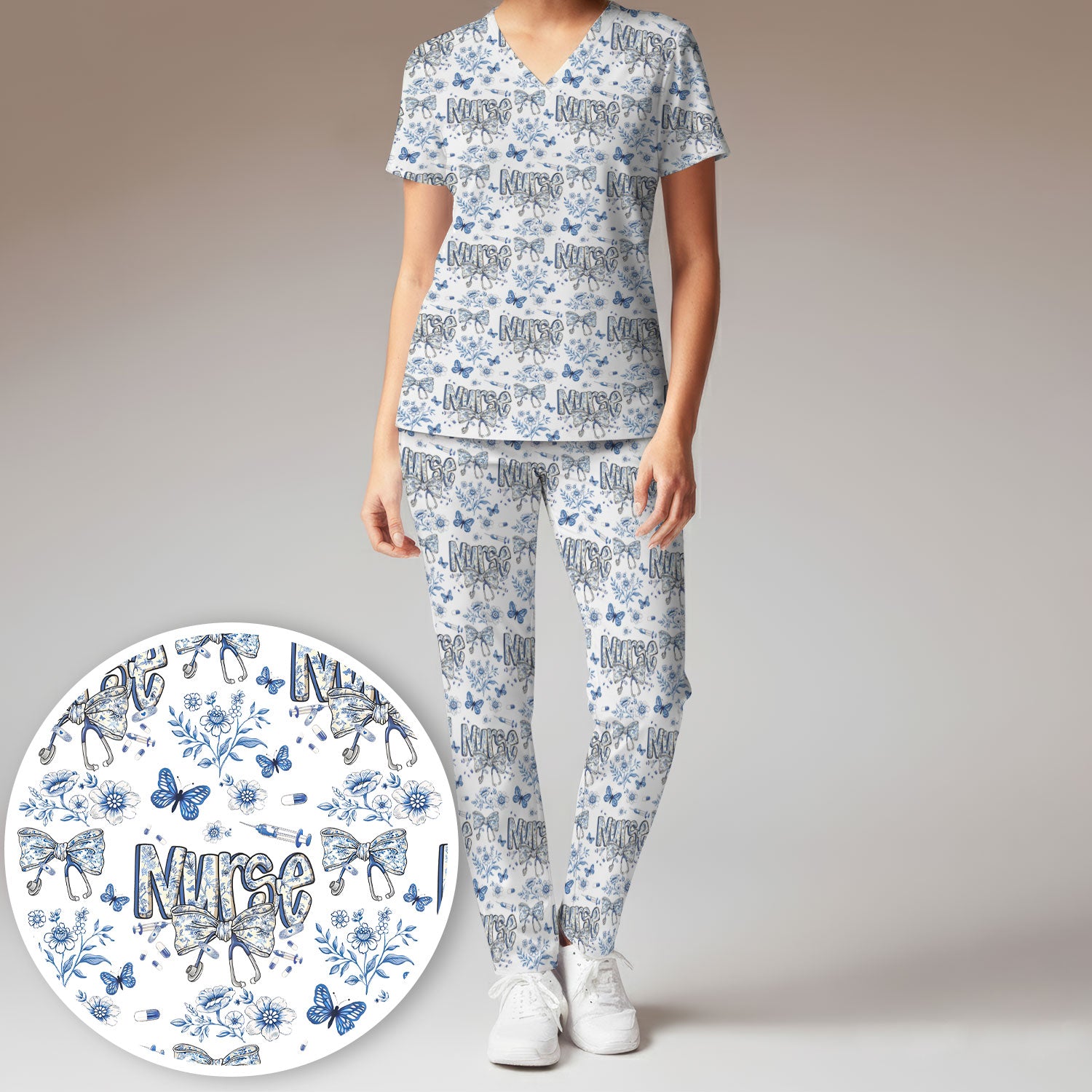 Blue Nurse Bow Butterfly Floral Pattern Scrub Set,  Breathable Med Uniform