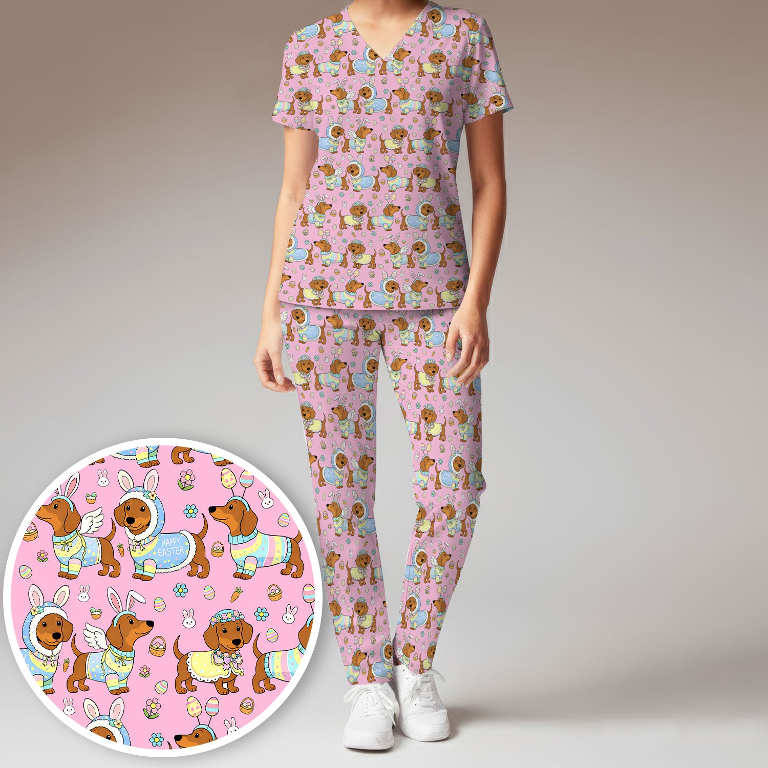 Easter Dachshund Bunny Pattern Scrub Set, Scrub Pants and V Neck Top