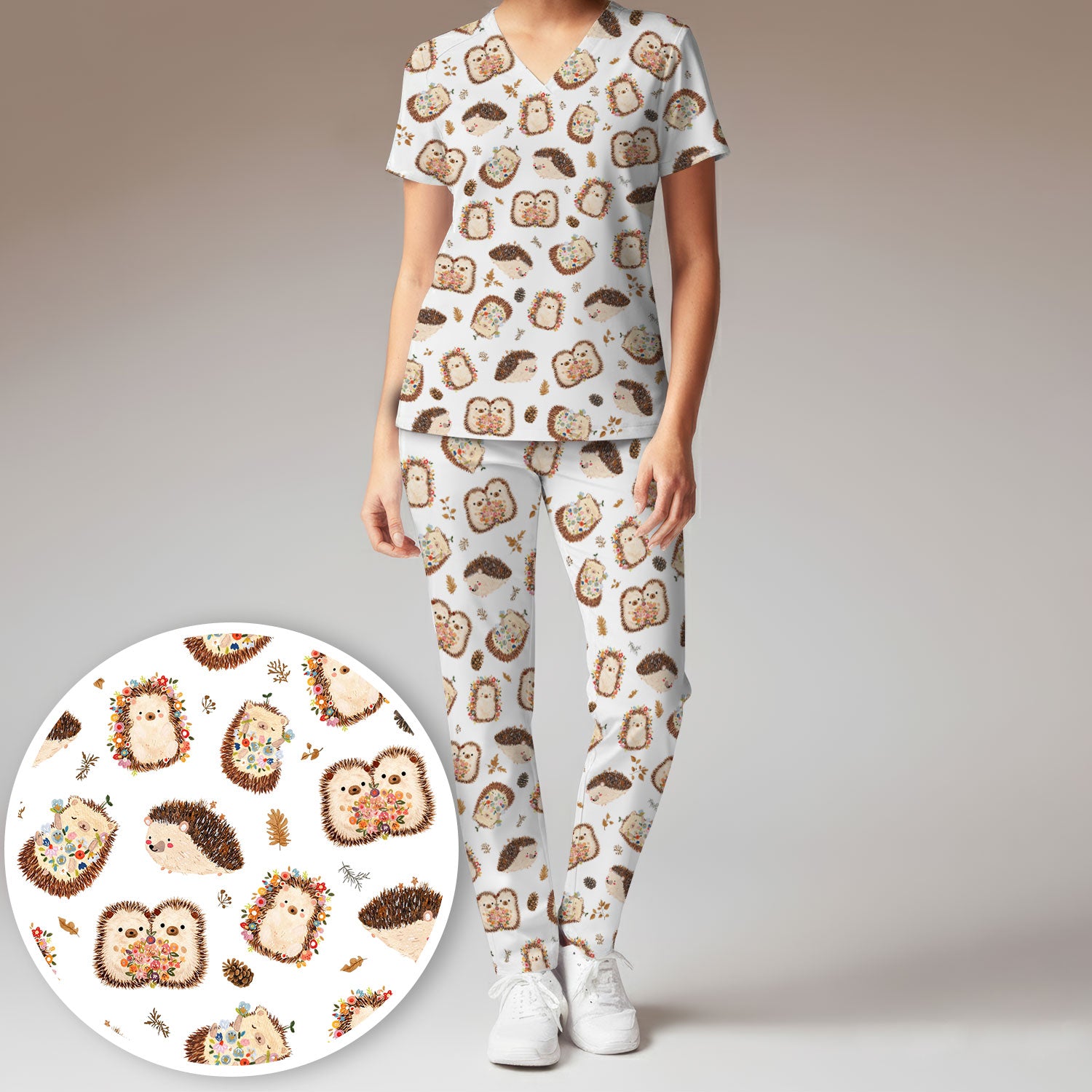 Cute Hedgehog Floral Scrub Set, Breathable Med Uniform