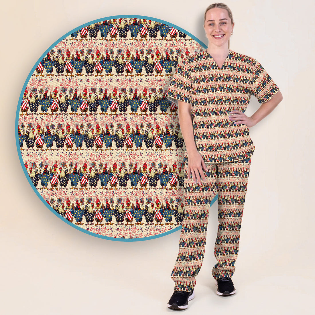 Patriotic Rooster Fireworks Pattern Scrub Set, Scrub Pants and V Neck Top