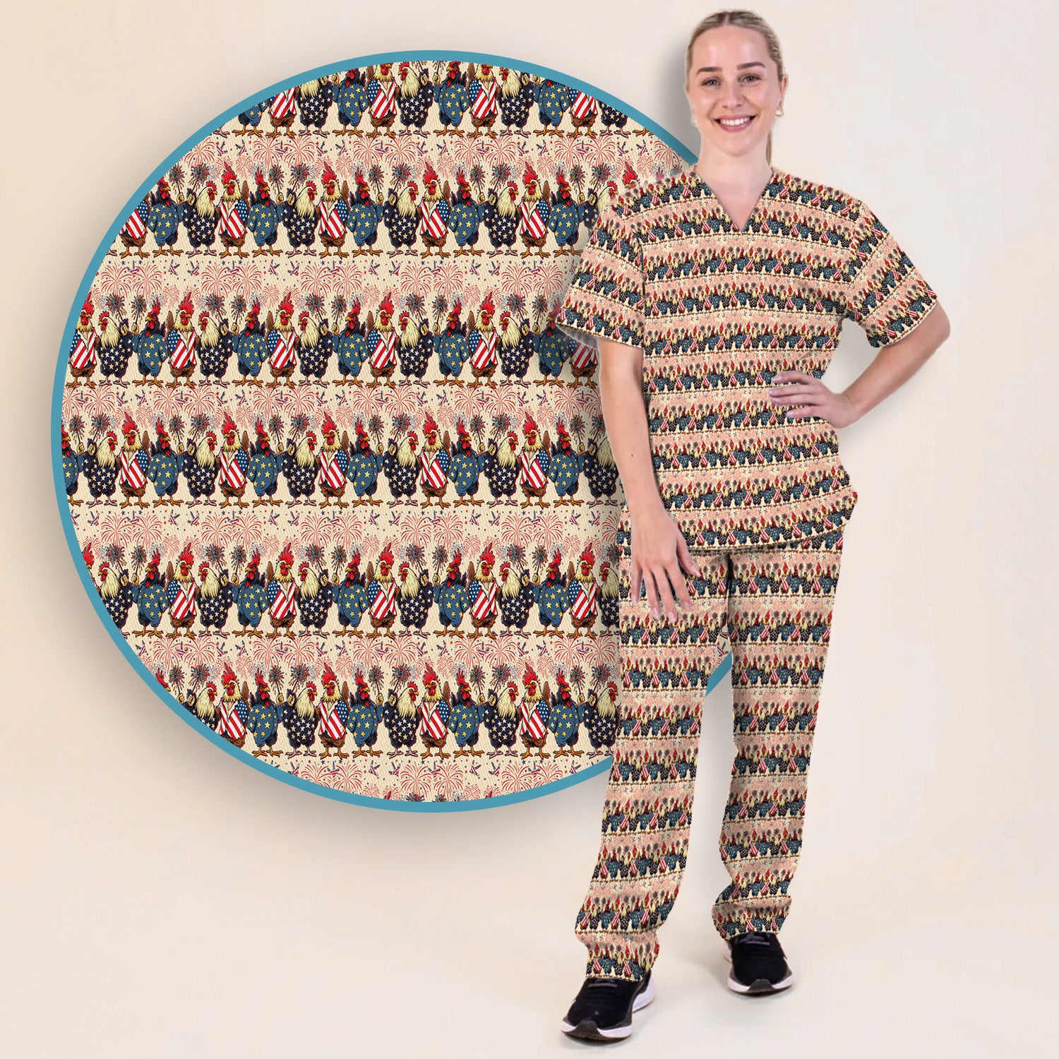 Patriotic Rooster Fireworks Pattern Scrub Set, Scrub Pants and V Neck Top