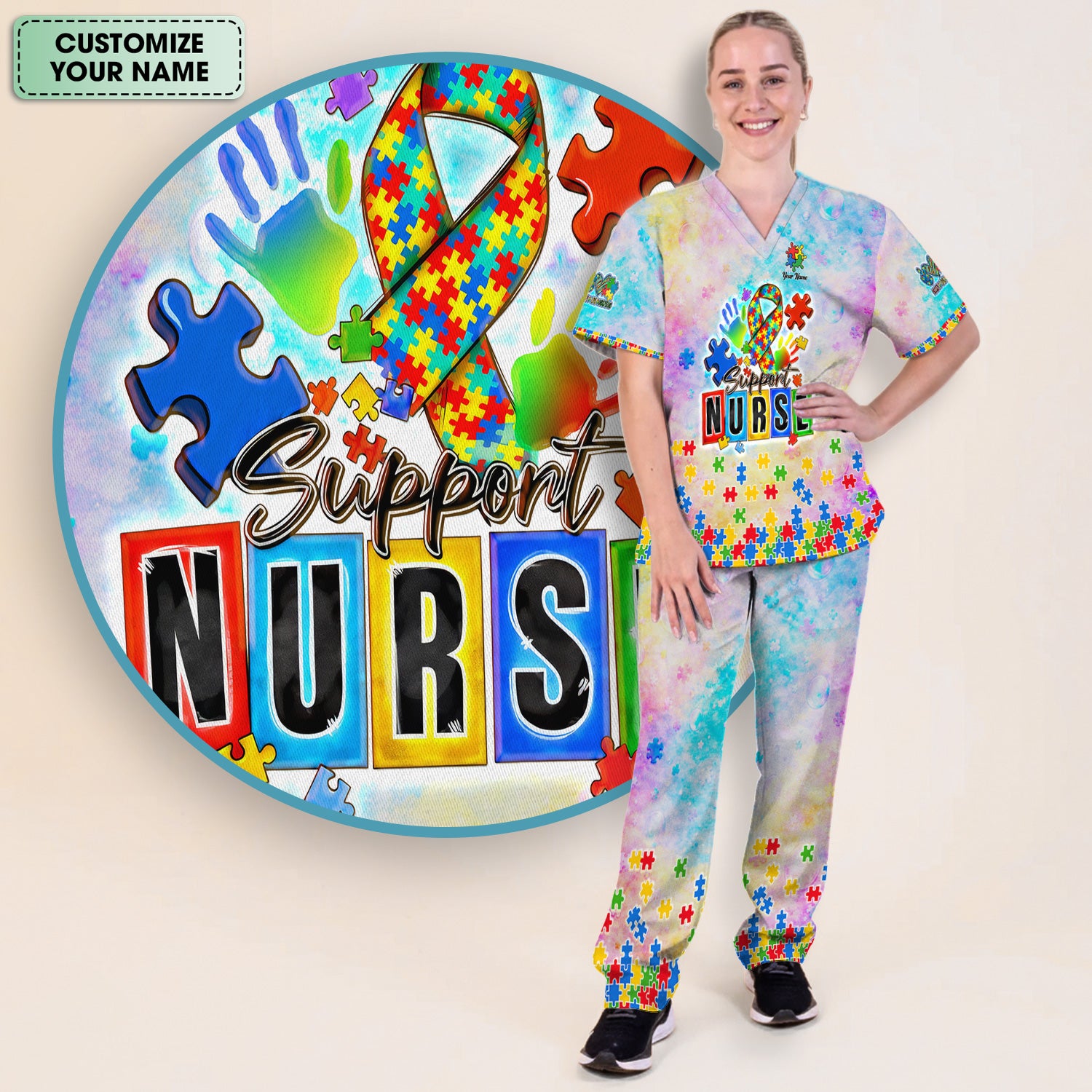 Personalized Inspirational Autism Awareness Nurse Puzzle Ribbon Pattern Scrub Set, Scrub Pants and V Neck Top