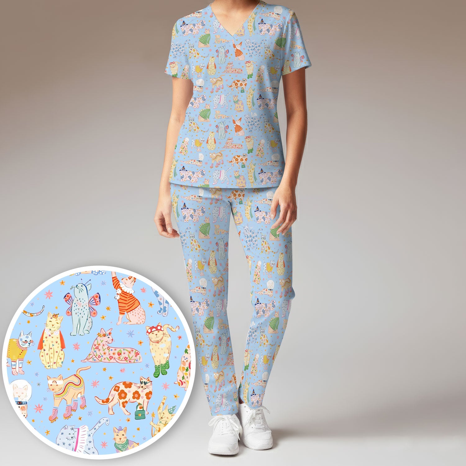 Colorful Pastel Cartoon Cats Print Scrub Set, Breathable Med Uniform