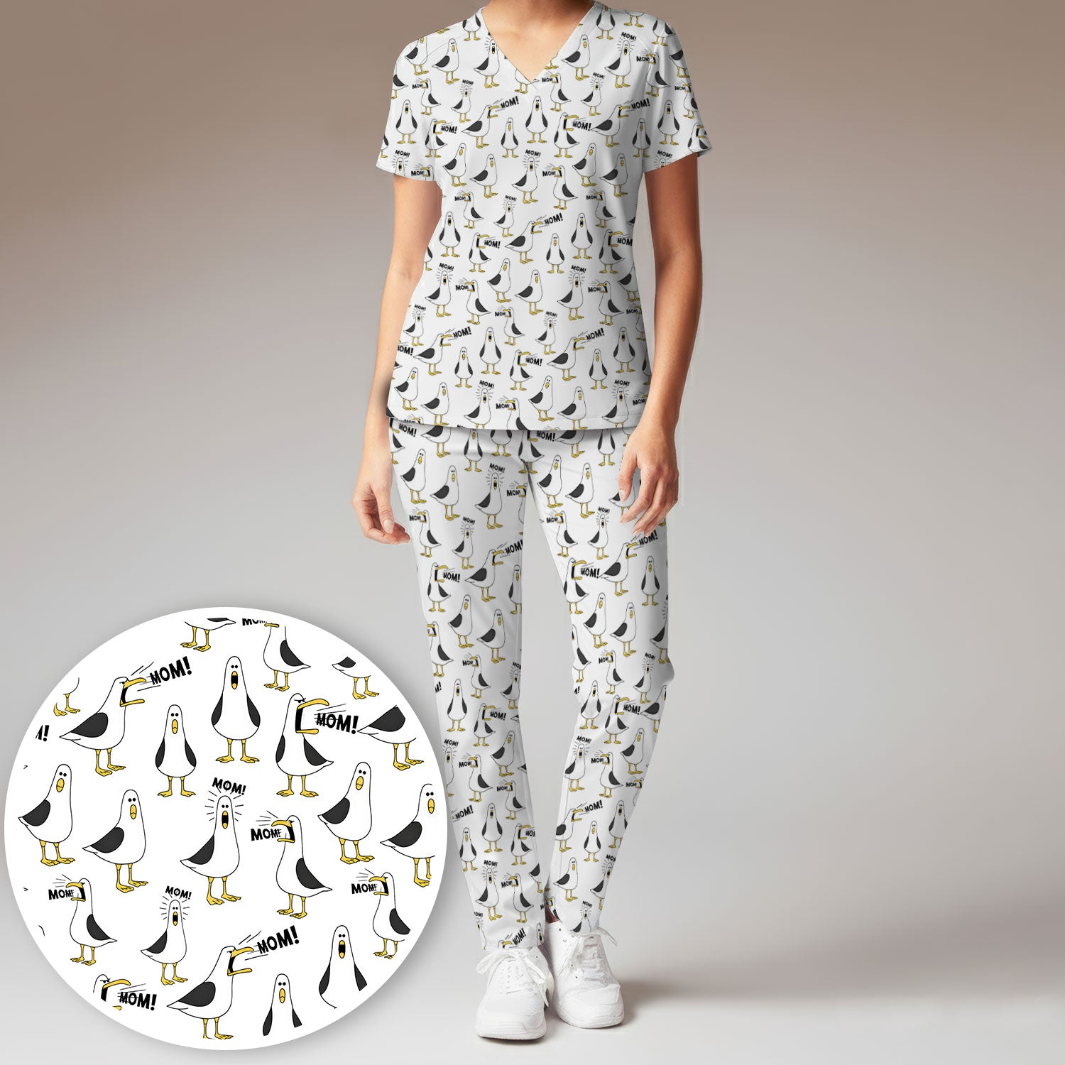 Funny Seagull Mom Seamless Pattern Scrub Set, Scrub Pants and V Neck Top