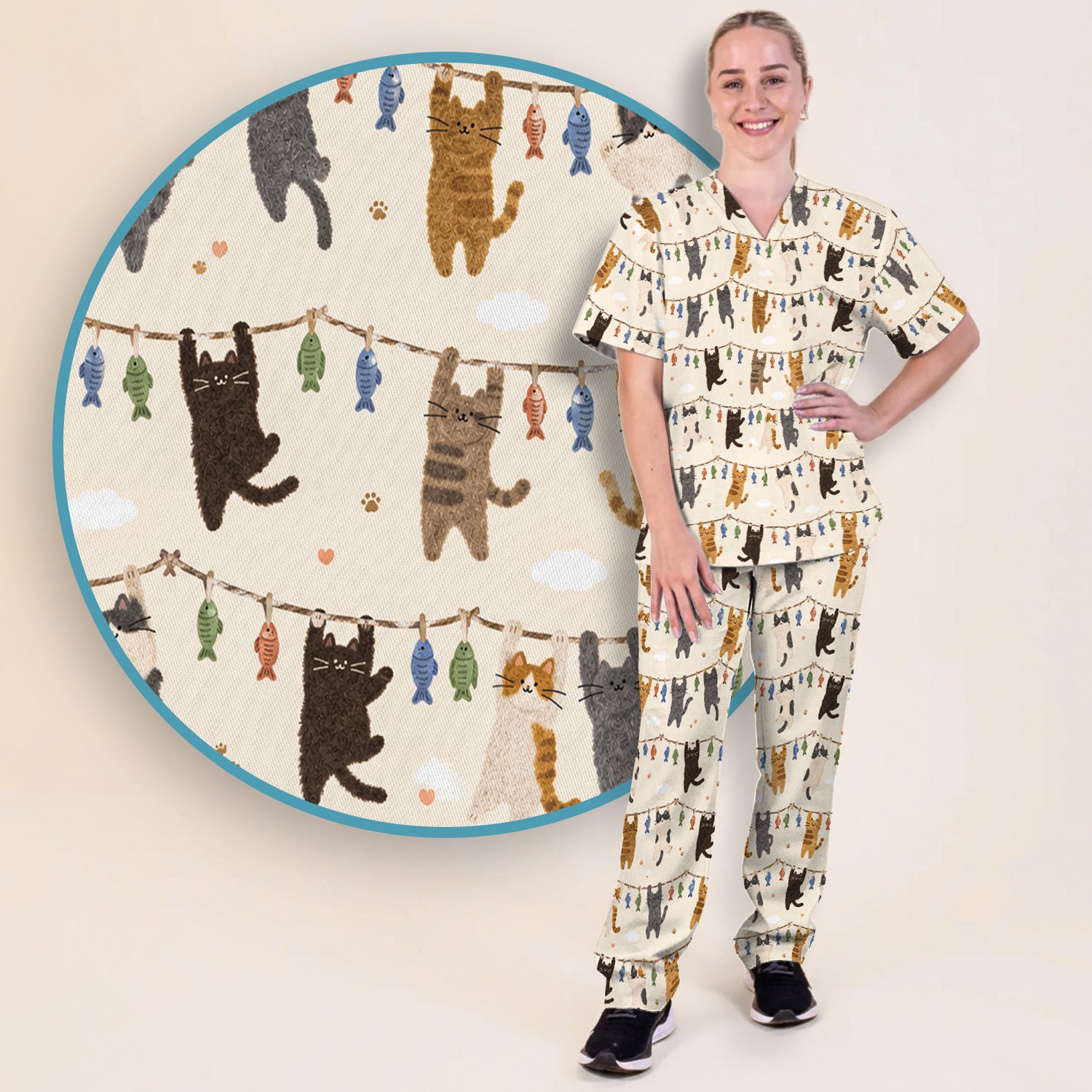 Cute Hanging Cat Fishline Pattern Scrub Set, Scrub Pants and V Neck Top