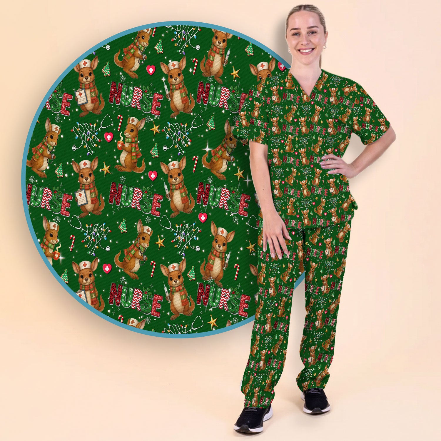 Christmas Kangaroo Nurse Scrub Set - Cute Aussie Holiday Medical Uniform - Funny Xmas Gift for Women
