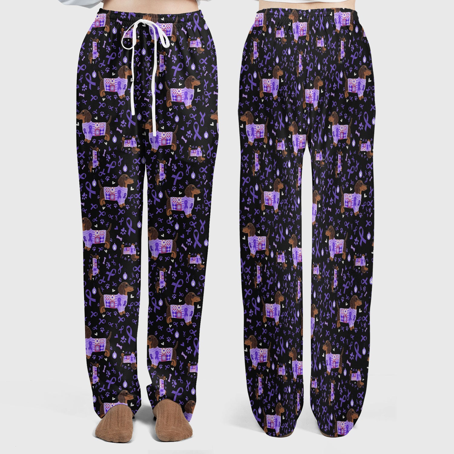 Purple Ribbon Dachshund Scrub Sets - Cute Awareness Dog Paw Prints Scrub Pants and V Neck Top - Support Lupus Cancer Med Uniform
