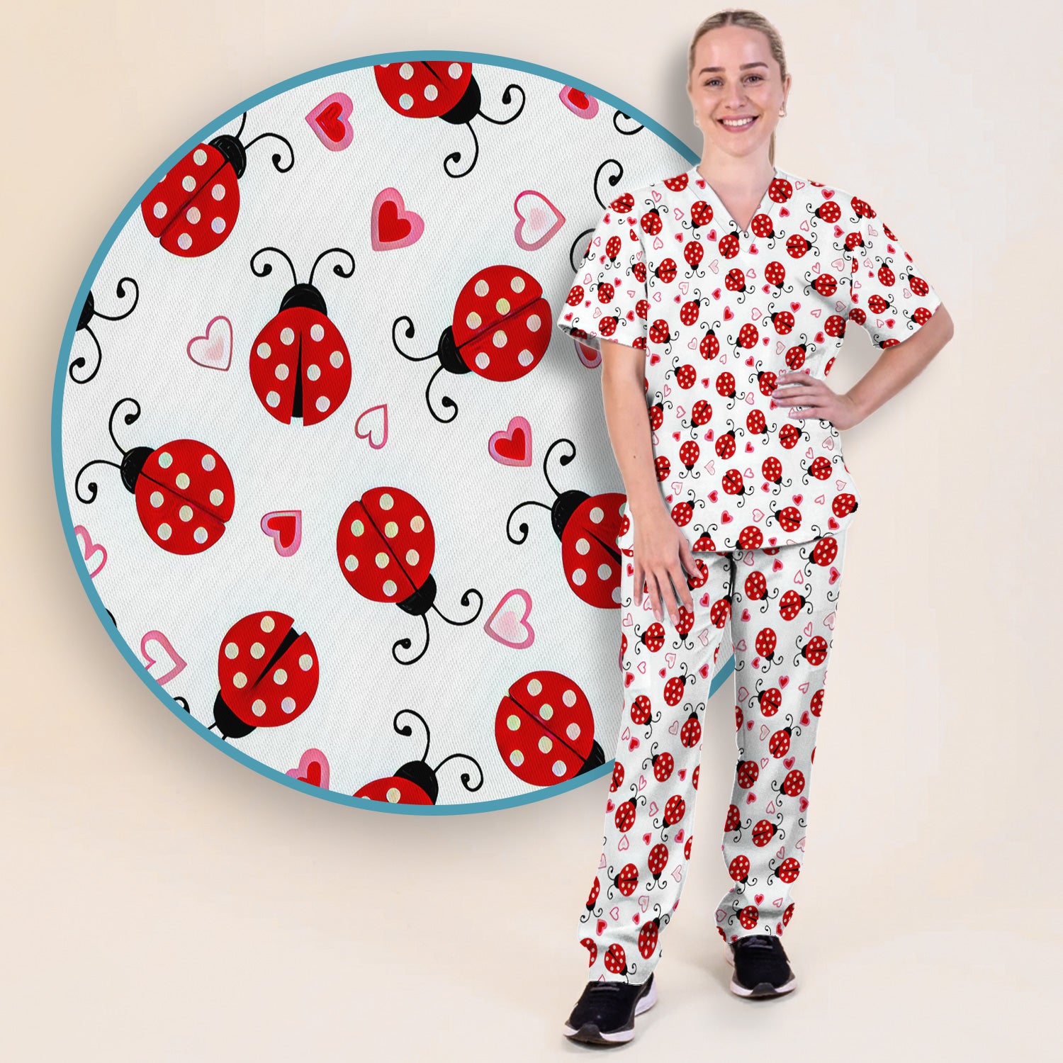 Cute Ladybug Heart Love Pattern Scrub Set, Scrub Pants and V Neck Top