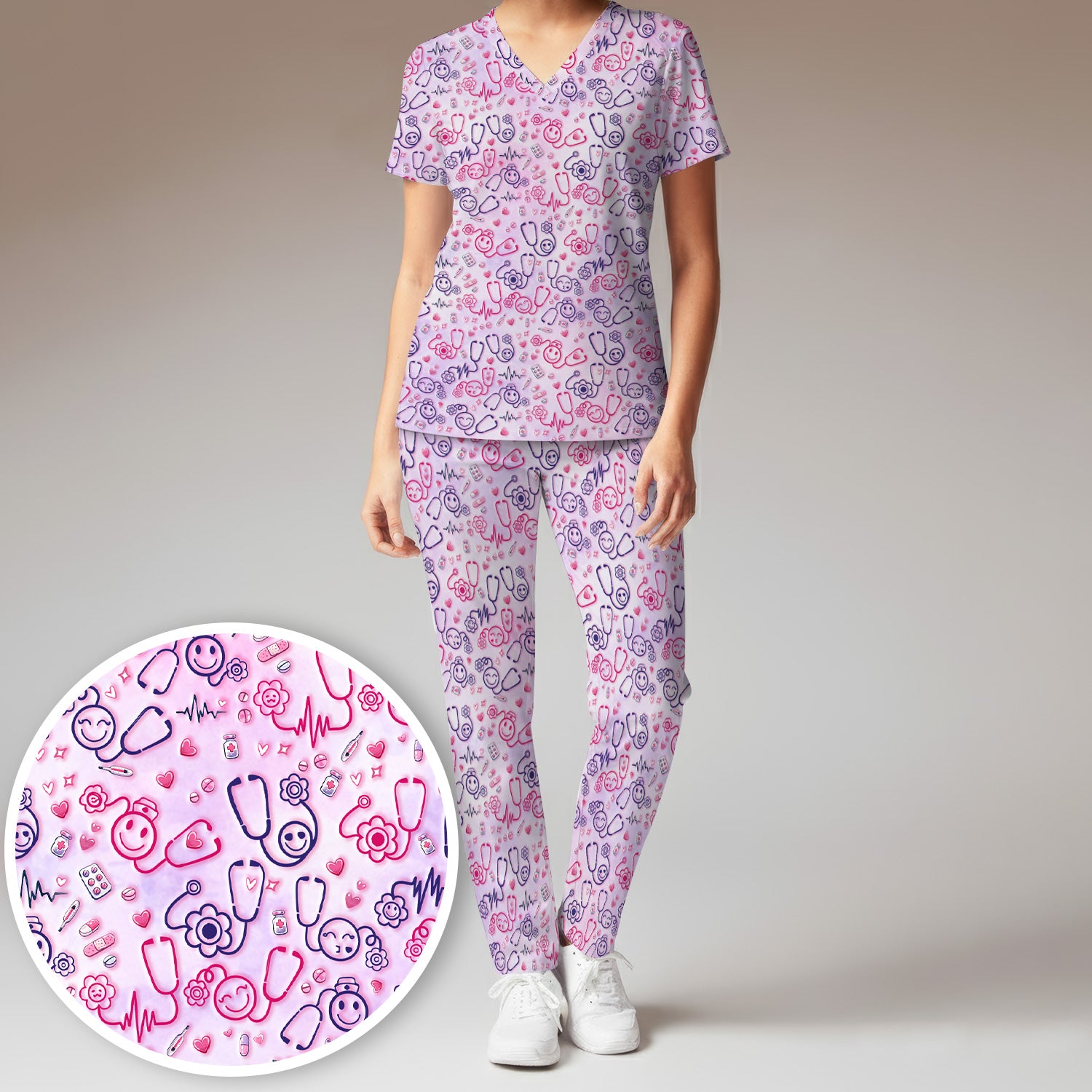 Stethoscope Heart Cute Icon Print Scrub Set, Breathable Med Uniform