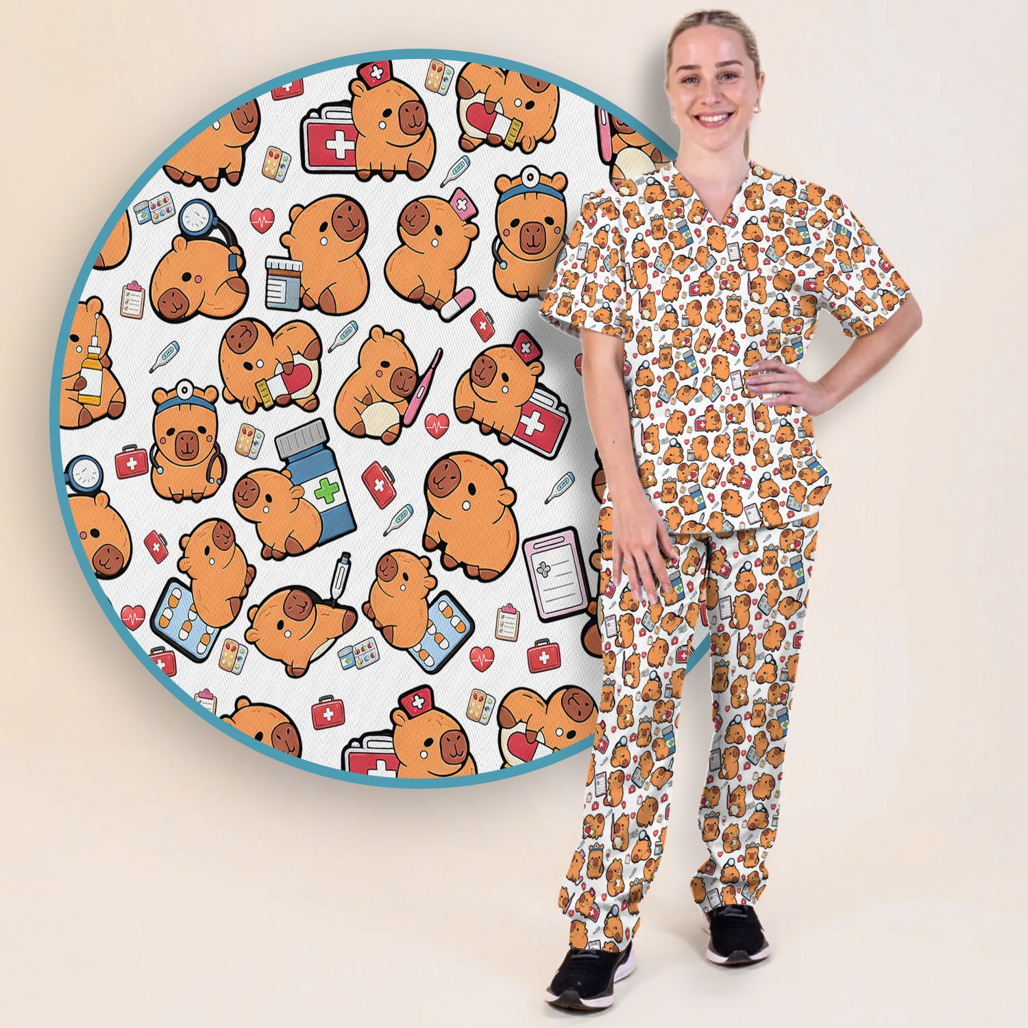 Capybara With Stethoscope And Medical Tools Seamless Scrub Set, Breathable Med Uniform