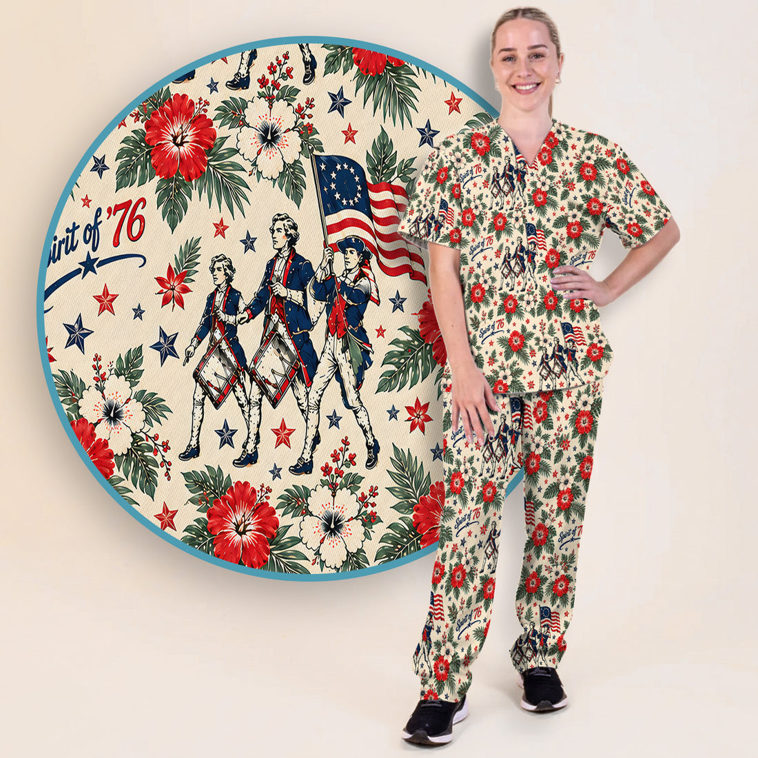 Vintage 1776 Patriot with Floral Flag Scrub Set, Scrub Pants and V Neck Top