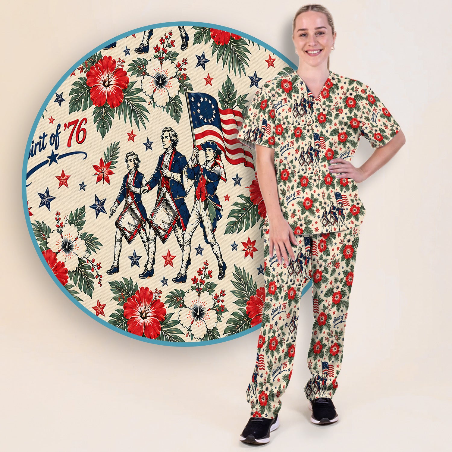 Vintage 1776 Patriot with Floral Flag Scrub Set, Scrub Pants and V Neck Top