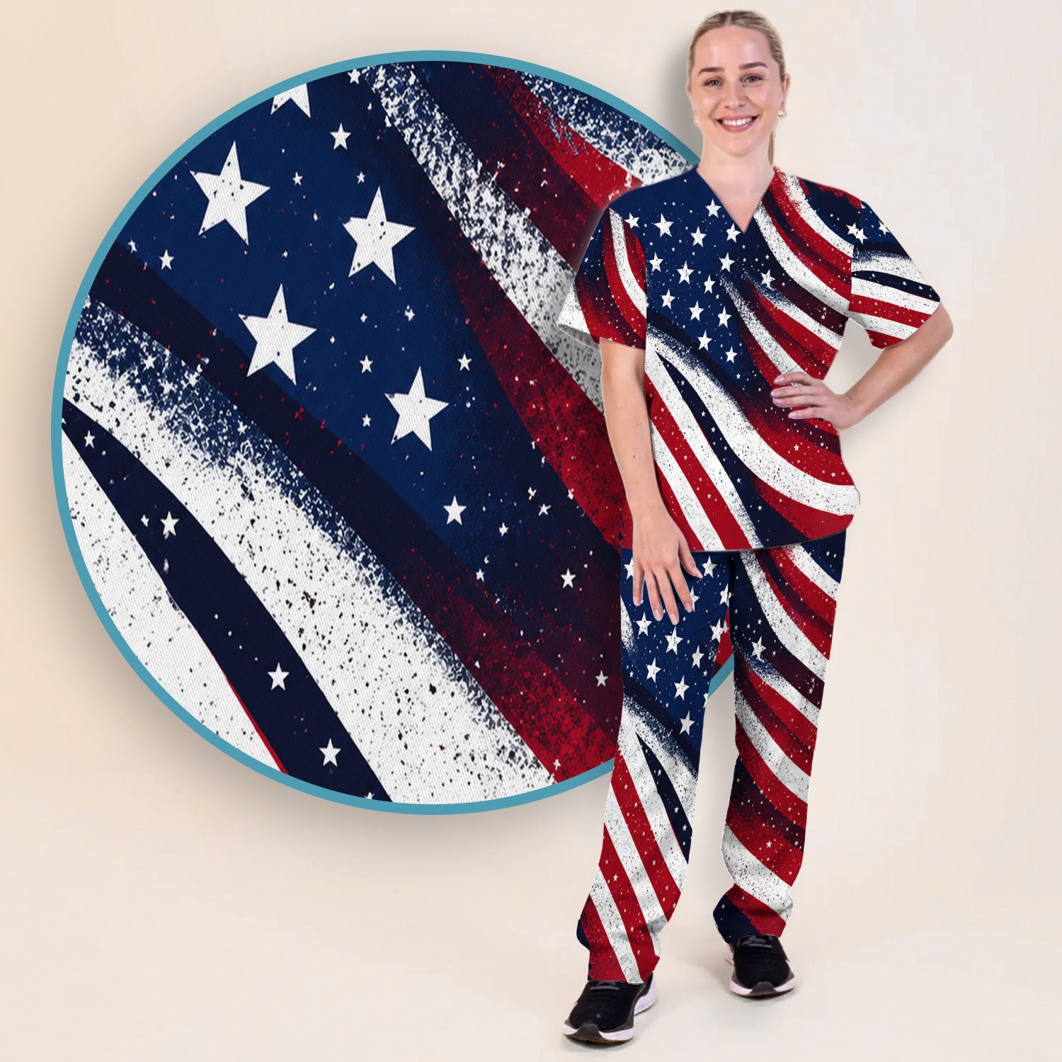 Festive American Flag Stars Pattern Scrub Set, Scrub Pants and V Neck Top
