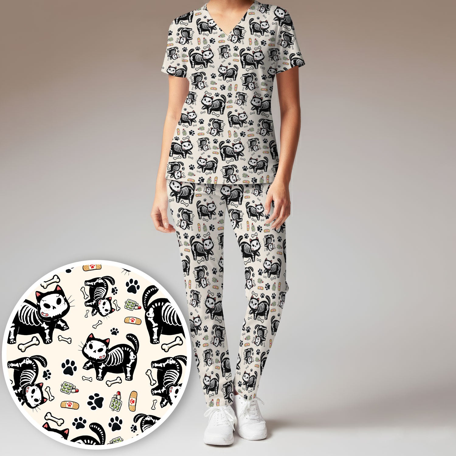 Skeleton Cat Medical Pattern Scrub Set, Scrub Pants and V Neck Top